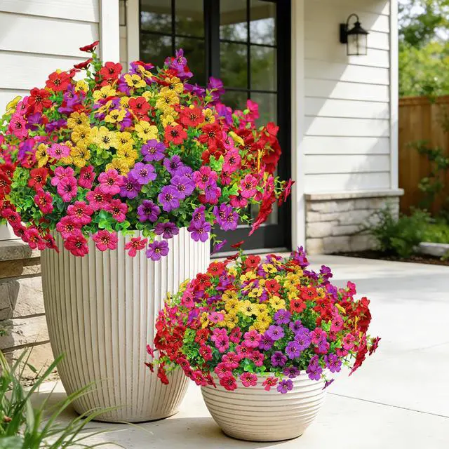 Alt view image 5 of 7 - Artificial Flowers for Outdoors, Fake Faux Plants Outside Realistic Spring Summer Decor, UV Resistant Silk Flowers for Home Porch Garden (12, Purple Red Yellow Hot Pink)