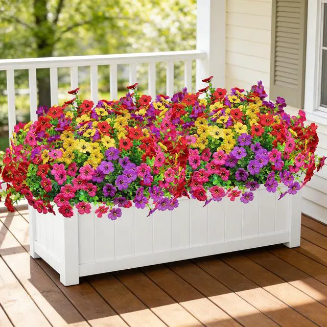 Alt view image 6 of 7 - Artificial Flowers for Outdoors, Fake Faux Plants Outside Realistic Spring Summer Decor, UV Resistant Silk Flowers for Home Porch Garden (12, Purple Red Yellow Hot Pink)