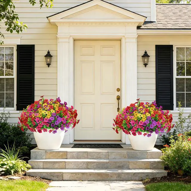 Alt view image 7 of 7 - Artificial Flowers for Outdoors, Fake Faux Plants Outside Realistic Spring Summer Decor, UV Resistant Silk Flowers for Home Porch Garden (12, Purple Red Yellow Hot Pink)
