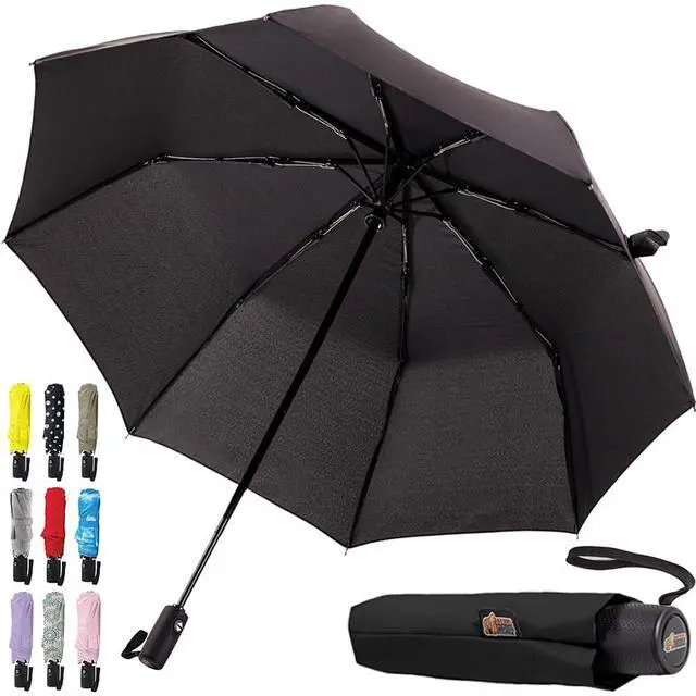 Main image of Compact Travel Size Umbrella for Rain, Sleek Design Fits Backpack, Purse and Carry On, Lightweight Under 1lb, One Click Open and Close, Wind Resistant, Durable Waterproof Quick Dry, Black