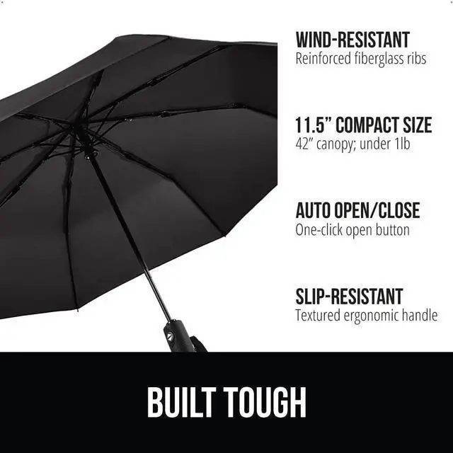 Alt view image 2 of 7 - Compact Travel Size Umbrella for Rain, Sleek Design Fits Backpack, Purse and Carry On, Lightweight Under 1lb, One Click Open and Close, Wind Resistant, Durable Waterproof Quick Dry, Black