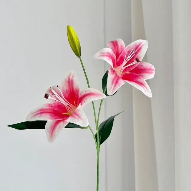 Alt view image 2 of 6 - 4PCS Realistic Artificial Pink Lily Flowers (25.6IN/65CM) Film Petals & Wire-Reinforced Stems for Home/Office/Party/Wedding Decor