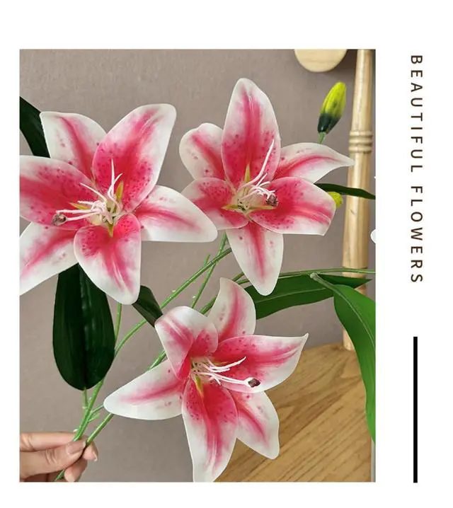 Alt view image 4 of 6 - 4PCS Realistic Artificial Pink Lily Flowers (25.6IN/65CM) Film Petals & Wire-Reinforced Stems for Home/Office/Party/Wedding Decor