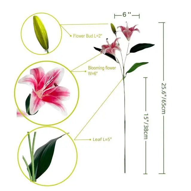 Alt view image 3 of 6 - 4PCS Realistic Artificial Pink Lily Flowers (25.6IN/65CM) Film Petals & Wire-Reinforced Stems for Home/Office/Party/Wedding Decor