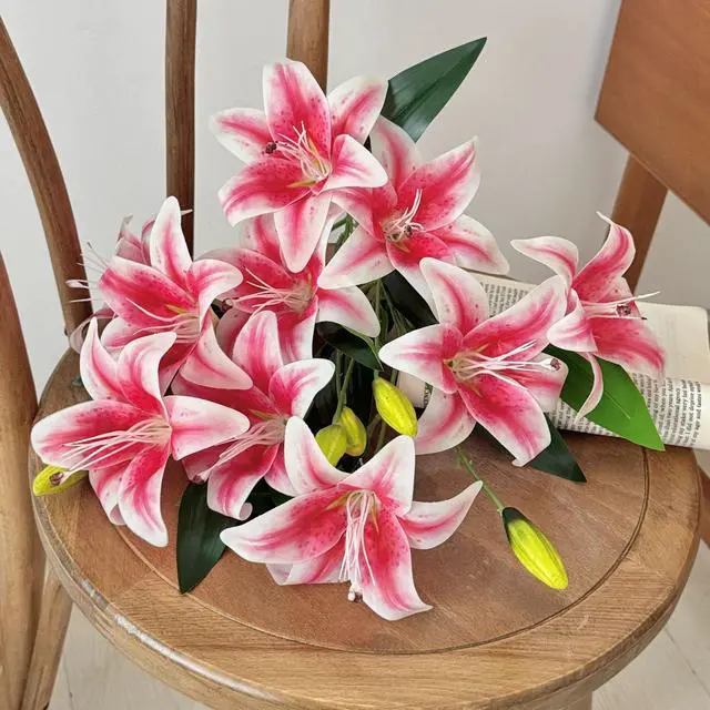 Alt view image 5 of 6 - 4PCS Realistic Artificial Pink Lily Flowers (25.6IN/65CM) Film Petals & Wire-Reinforced Stems for Home/Office/Party/Wedding Decor