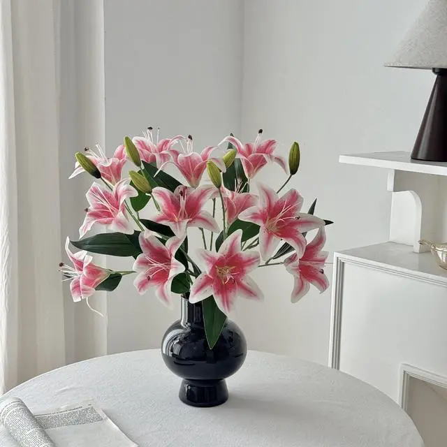 Alt view image 6 of 6 - 4PCS Realistic Artificial Pink Lily Flowers (25.6IN/65CM) Film Petals & Wire-Reinforced Stems for Home/Office/Party/Wedding Decor