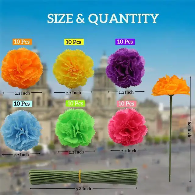 Alt view image 2 of 7 - Artificial Marigold Flowers with Stems, 60 Pcs Silk Flowers Marigolds for Day of The Dead Decoration, Diwali Decor, Ofrenda Decorations, Marigold Garland for Decoration (60, Mixed Colors)