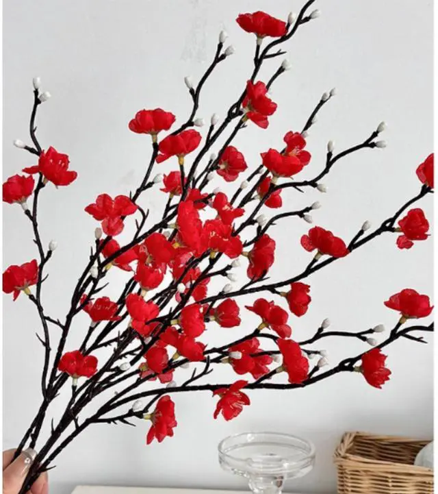 Alt view image 6 of 6 - 10PCS Artificial White Plum Blossom Flowers,21.3" /54cm Long Fake Flowers Silk Fabric Simulation Flowers Bouquet for Home Kitchen Decoration Floral Arrangement Centerpieces for Table (red)