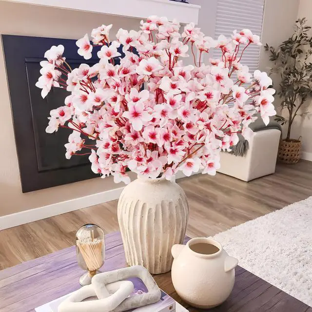 Alt view image 4 of 7 - Artificial Cherry Blossom Branches, 6 Pcs Faux Silk Cherry Blossom Flowers Fake Spring Cherry Blossom Floral Stems for Vase Wedding Table Centerpieces Indoor Home Decor