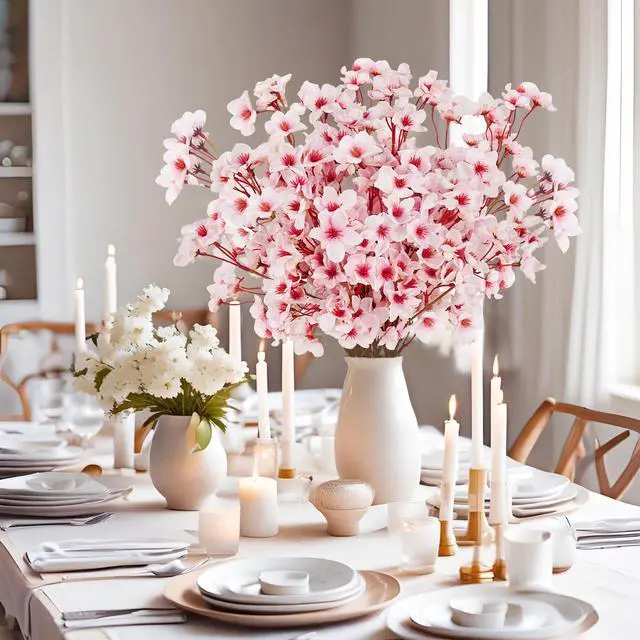 Alt view image 6 of 7 - Artificial Cherry Blossom Branches, 6 Pcs Faux Silk Cherry Blossom Flowers Fake Spring Cherry Blossom Floral Stems for Vase Wedding Table Centerpieces Indoor Home Decor