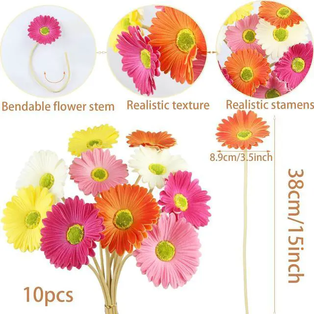 Alt view image 2 of 7 - 10 Pcs Artificial Gerbera Daisies Flowers Artificial Daisy Bouquet Fake Daisy Stems Faux Flowers Bulk Artificial Flowers Wildflowers Silk Flowers for Wedding Bridal Bouquet Party Home Kitchen