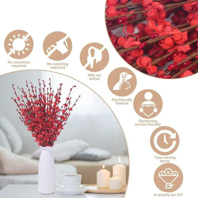 Alt view image 3 of 7 - 10Pcs 17.5'' Red Flowers Artificial Jasmine Flowers Faux Patriotic DIY Floral Art Red Berries Stem for Valentine's Day Table Centerpieces Vases Home Wedding Bouquets Party Decorations
