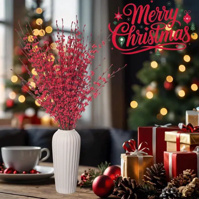 Alt view image 5 of 7 - 10Pcs 17.5'' Red Flowers Artificial Jasmine Flowers Faux Patriotic DIY Floral Art Red Berries Stem for Valentine's Day Table Centerpieces Vases Home Wedding Bouquets Party Decorations
