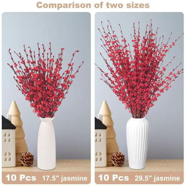 Alt view image 4 of 7 - 10Pcs 17.5'' Red Flowers Artificial Jasmine Flowers Faux Patriotic DIY Floral Art Red Berries Stem for Valentine's Day Table Centerpieces Vases Home Wedding Bouquets Party Decorations