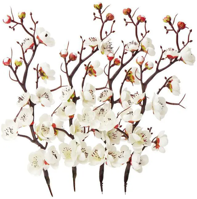Main image of 4pcs White Artificial Silk Plum Blossom Flower Branches No Stem Real Touch for Home Table Wedding Bouquet Beach Theme Party Decoration Without Vase