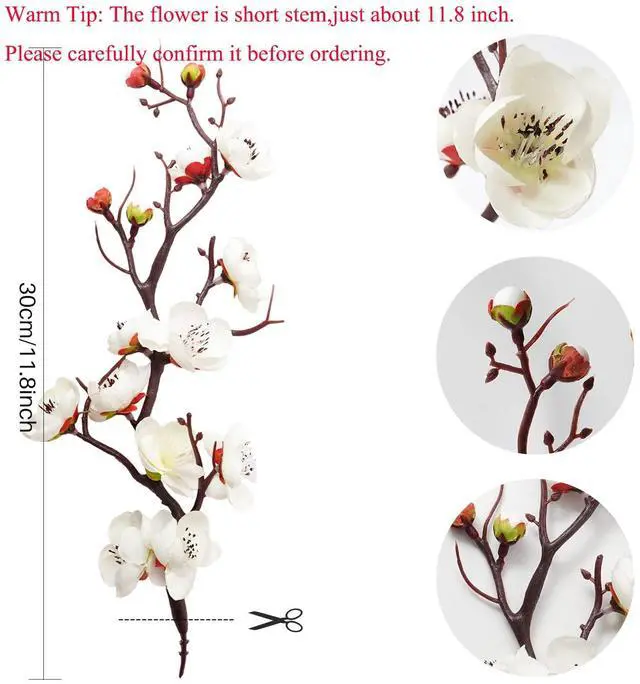 Alt view image 2 of 7 - 4pcs White Artificial Silk Plum Blossom Flower Branches No Stem Real Touch for Home Table Wedding Bouquet Beach Theme Party Decoration Without Vase