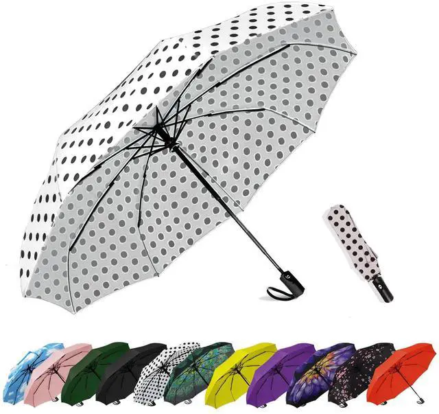 Main image of Windproof Travel Compact Umbrella-Automatic Umbrellas for Rain- Small Portable Windproof Umbrellas for Men Women Teenage. (White Polka Dots)