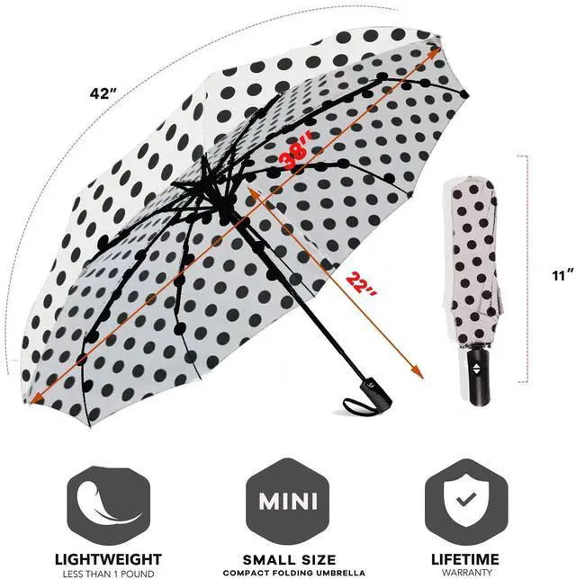 Alt view image 3 of 7 - Windproof Travel Compact Umbrella-Automatic Umbrellas for Rain- Small Portable Windproof Umbrellas for Men Women Teenage. (White Polka Dots)