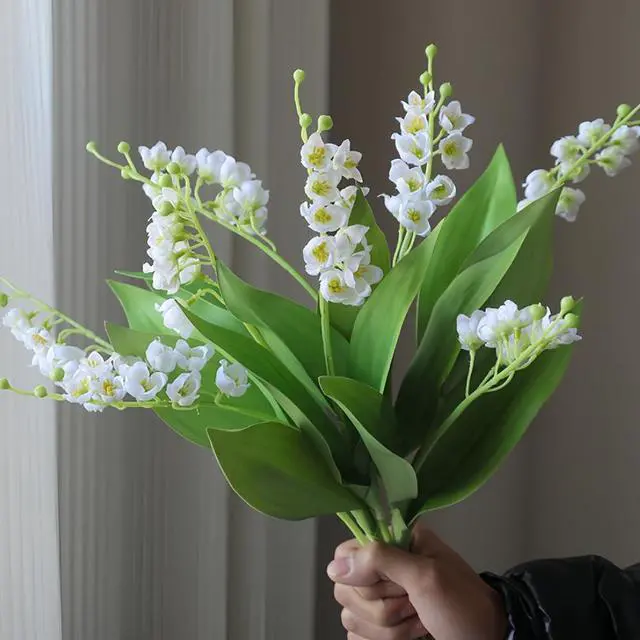 Main image of 5 Pcs Artificial Lily of The Valley Flowers Real Touch Fake Orchid Wedding Bouquet Bell Flower for Home Office Wedding Party Decor (White)