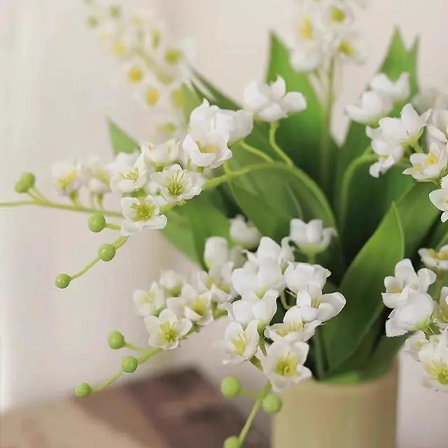 Alt view image 3 of 7 - 5 Pcs Artificial Lily of The Valley Flowers Real Touch Fake Orchid Wedding Bouquet Bell Flower for Home Office Wedding Party Decor (White)