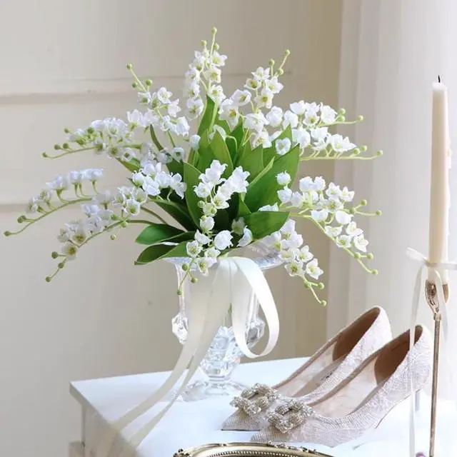 Alt view image 6 of 7 - 5 Pcs Artificial Lily of The Valley Flowers Real Touch Fake Orchid Wedding Bouquet Bell Flower for Home Office Wedding Party Decor (White)