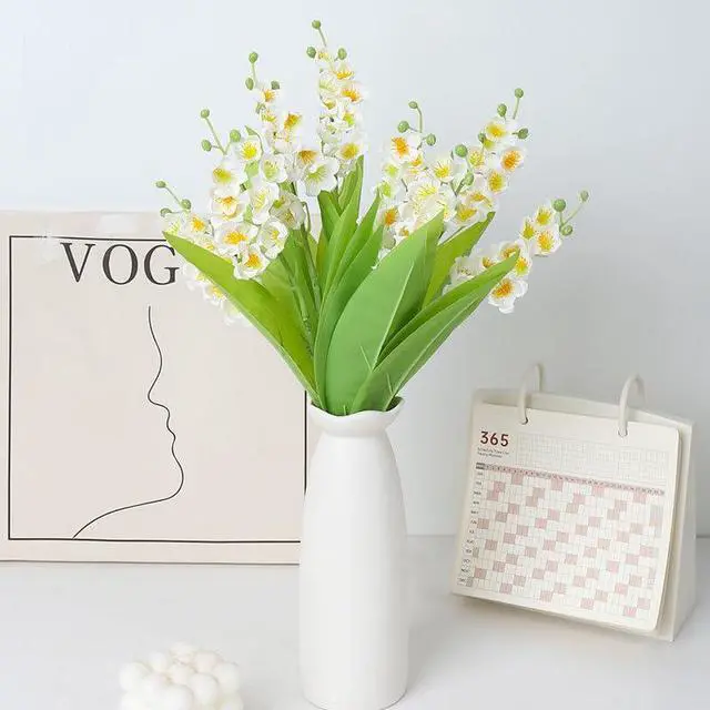 Alt view image 7 of 7 - 5 Pcs Artificial Lily of The Valley Flowers Real Touch Fake Orchid Wedding Bouquet Bell Flower for Home Office Wedding Party Decor (White)
