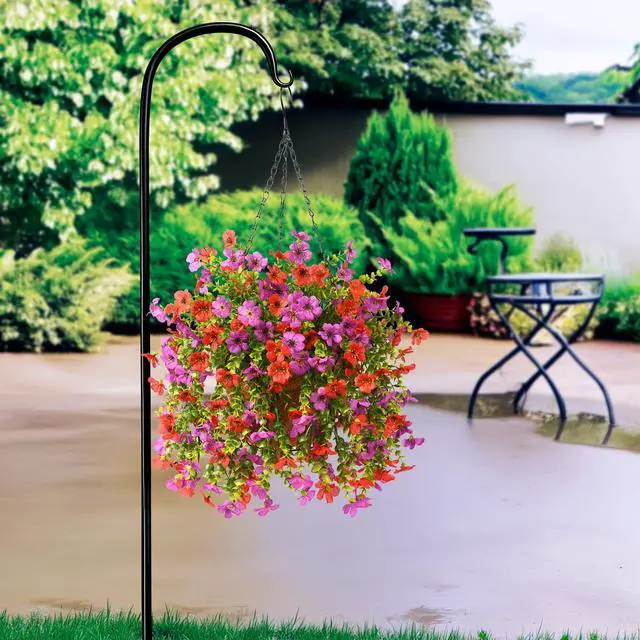 Alt view image 3 of 6 - Artificial Hanging Flowers for Outdoors Spring Summer Decoration, 2PCS Silk Fake Daisy Realistic Outdoor Flowers UV Resistant Porch Patio Window Yard Decor(Purple Red)