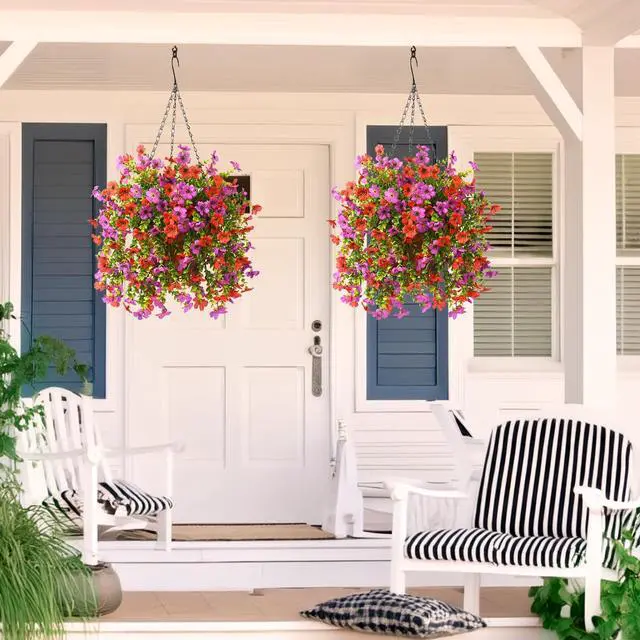 Alt view image 5 of 6 - Artificial Hanging Flowers for Outdoors Spring Summer Decoration, 2PCS Silk Fake Daisy Realistic Outdoor Flowers UV Resistant Porch Patio Window Yard Decor(Purple Red)