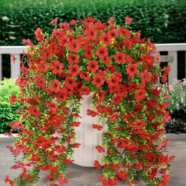 Main image of Artificial Hanging Flowers Plants for Outdoor Spring Summer Decoration, 2PCS Faux Silk Daisy UV Resistant Look Real for Outside Home Indoor Planter Porch Garden Yard Decor(Red)