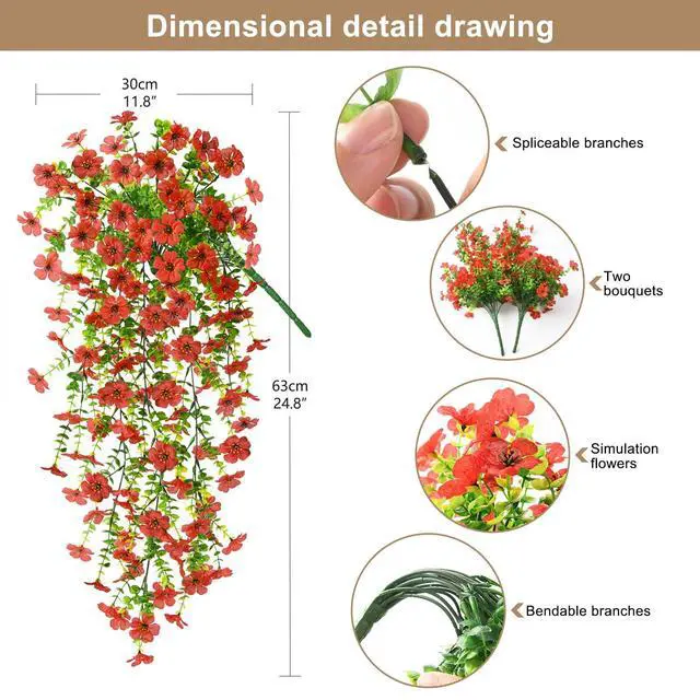 Alt view image 2 of 6 - Artificial Hanging Flowers Plants for Outdoor Spring Summer Decoration, 2PCS Faux Silk Daisy UV Resistant Look Real for Outside Home Indoor Planter Porch Garden Yard Decor(Red)