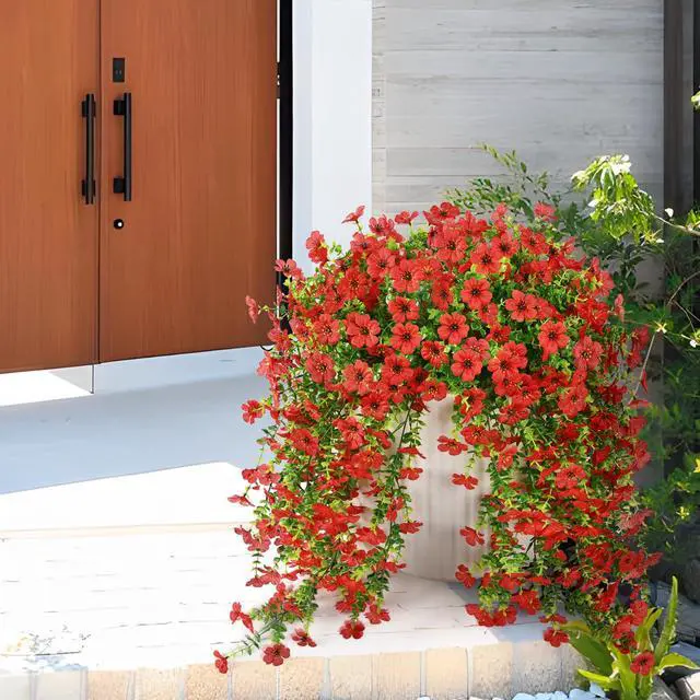 Alt view image 3 of 6 - Artificial Hanging Flowers Plants for Outdoor Spring Summer Decoration, 2PCS Faux Silk Daisy UV Resistant Look Real for Outside Home Indoor Planter Porch Garden Yard Decor(Red)