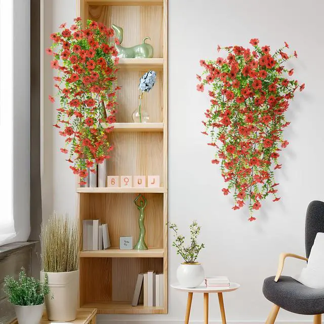 Alt view image 5 of 6 - Artificial Hanging Flowers Plants for Outdoor Spring Summer Decoration, 2PCS Faux Silk Daisy UV Resistant Look Real for Outside Home Indoor Planter Porch Garden Yard Decor(Red)