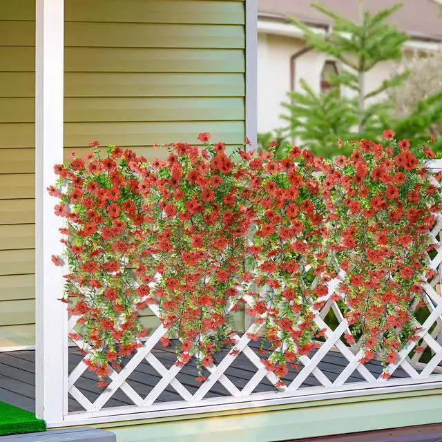 Alt view image 4 of 6 - Artificial Hanging Flowers Plants for Outdoor Spring Summer Decoration, 2PCS Faux Silk Daisy UV Resistant Look Real for Outside Home Indoor Planter Porch Garden Yard Decor(Red)