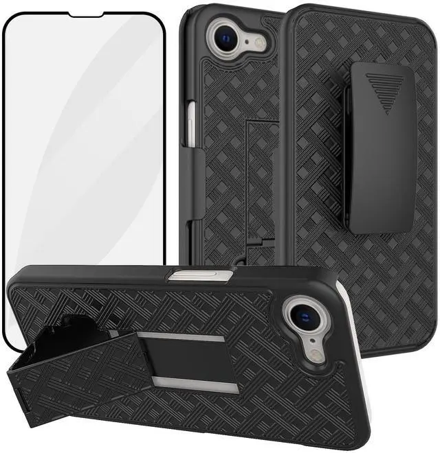 Main image of Compatible with iPhone 16e Phone Case, iPhone 16E 2025 Belt Clip Case Holster with Screen Protector, Swivel Kickstand Holder, Slim Shockproof Slide Shell Pouch Cell Phone Cover-Black