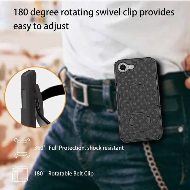Alt view image 3 of 7 - Compatible with iPhone 16e Phone Case, iPhone 16E 2025 Belt Clip Case Holster with Screen Protector, Swivel Kickstand Holder, Slim Shockproof Slide Shell Pouch Cell Phone Cover-Black