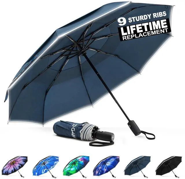 Main image of 42 Inch Eco Windproof Folding Umbrella for Rain & Sun 9 Ribs Wind Resistant Strong Fiberglass Double Canopy with Reflective Strip for Women Men Auto Open Close For Car & BackpackNavy Blue