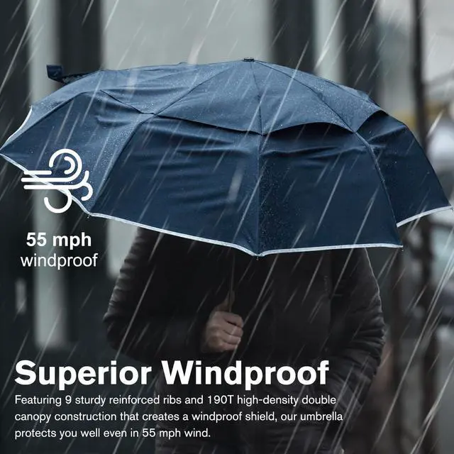 Alt view image 2 of 7 - 42 Inch Eco Windproof Folding Umbrella for Rain & Sun 9 Ribs Wind Resistant Strong Fiberglass Double Canopy with Reflective Strip for Women Men Auto Open Close For Car & BackpackNavy Blue