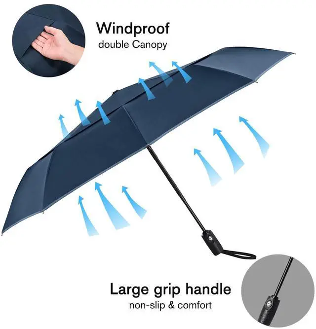 Alt view image 5 of 7 - 42 Inch Eco Windproof Folding Umbrella for Rain & Sun 9 Ribs Wind Resistant Strong Fiberglass Double Canopy with Reflective Strip for Women Men Auto Open Close For Car & BackpackNavy Blue