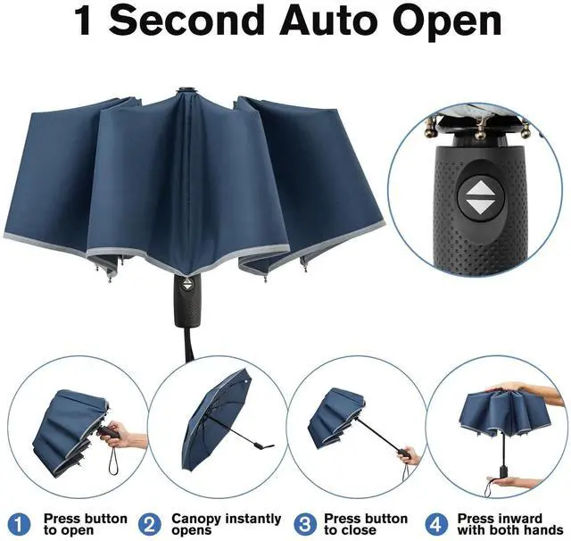 Alt view image 7 of 7 - 42 Inch Eco Windproof Folding Umbrella for Rain & Sun 9 Ribs Wind Resistant Strong Fiberglass Double Canopy with Reflective Strip for Women Men Auto Open Close For Car & BackpackNavy Blue