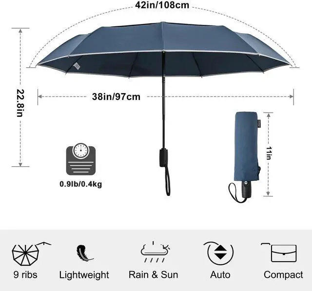 Alt view image 6 of 7 - 42 Inch Eco Windproof Folding Umbrella for Rain & Sun 9 Ribs Wind Resistant Strong Fiberglass Double Canopy with Reflective Strip for Women Men Auto Open Close For Car & BackpackNavy Blue