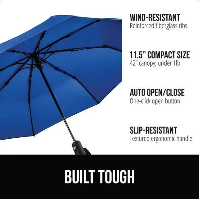 Alt view image 2 of 7 - Compact Travel Size Umbrella for Rain, Sleek Design Fits Backpack, Purse and Carry On, Lightweight Under 1lb, One Click Open and Close, Wind Resistant, Durable Waterproof Quick Dry, Navy