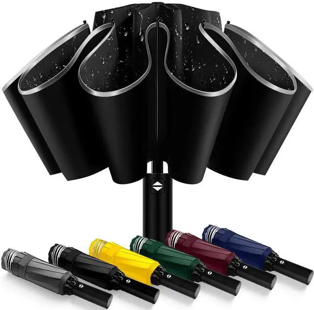 Main image of Inverted Automatic Travel Umbrella with Reflective Strip, Windproof & Compact Folding Umbrella, Strong Lightweight Rain Umbrella with One-Button Open/Close for Men & Women, Black