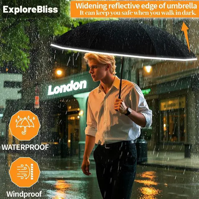 Alt view image 2 of 7 - Inverted Automatic Travel Umbrella with Reflective Strip, Windproof & Compact Folding Umbrella, Strong Lightweight Rain Umbrella with One-Button Open/Close for Men & Women, Black