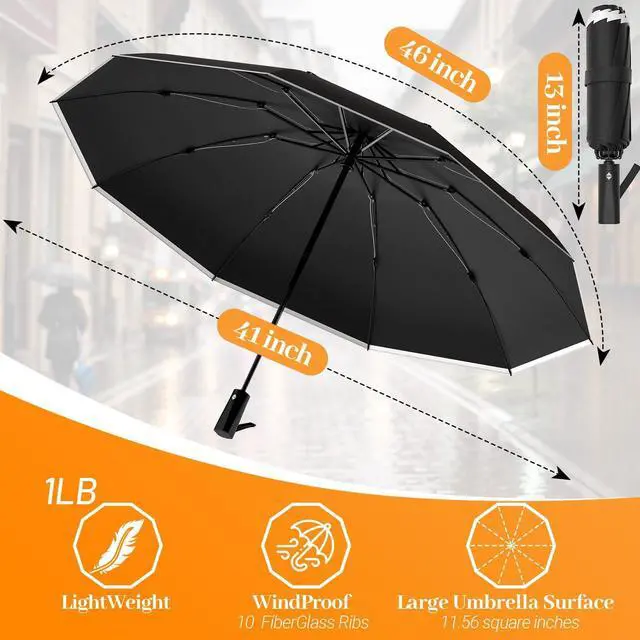 Alt view image 4 of 7 - Inverted Automatic Travel Umbrella with Reflective Strip, Windproof & Compact Folding Umbrella, Strong Lightweight Rain Umbrella with One-Button Open/Close for Men & Women, Black