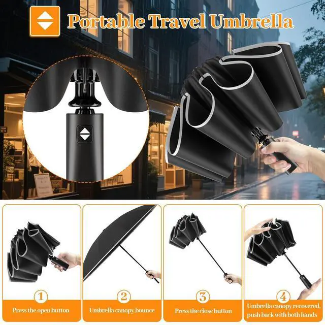 Alt view image 7 of 7 - Inverted Automatic Travel Umbrella with Reflective Strip, Windproof & Compact Folding Umbrella, Strong Lightweight Rain Umbrella with One-Button Open/Close for Men & Women, Black