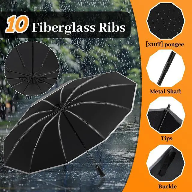 Alt view image 5 of 7 - Inverted Automatic Travel Umbrella with Reflective Strip, Windproof & Compact Folding Umbrella, Strong Lightweight Rain Umbrella with One-Button Open/Close for Men & Women, Black