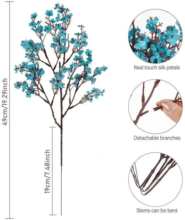 Alt view image 7 of 7 - 8Pcs Babys Breath Artificial Flowers Silk,Real Touch Peacock Blue Bouquets Flowers for Vase Home Office Wedding Spring Winter Indoor Outdoor Centerpiece Table Mother's Day Decorations