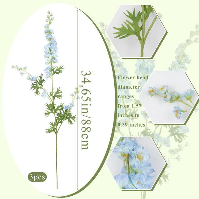 Alt view image 2 of 7 - 3 Pcs Delphinium Artificial Flowers Bulk 35" Long Stem Silk Larkspur Flowers Blue Artificial Snapdragon Flower Stems Faux Bouquets for Tall Vase Floral Arrangements Home Outdoor Wedding Decor