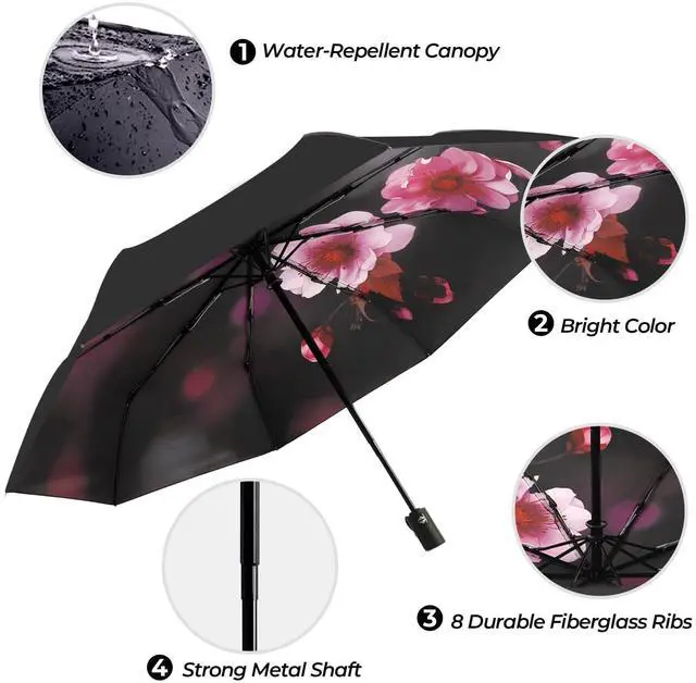 Alt view image 3 of 7 - Compact Travel Umbrella, 44" Canopy, Automatic Open/Close Windproof Umbrella, 210T Pongee, 8-Rib Fiberglass, Travel Size Mini, Portable Rain/Sun Umbrellas UPF 50+ with Cover