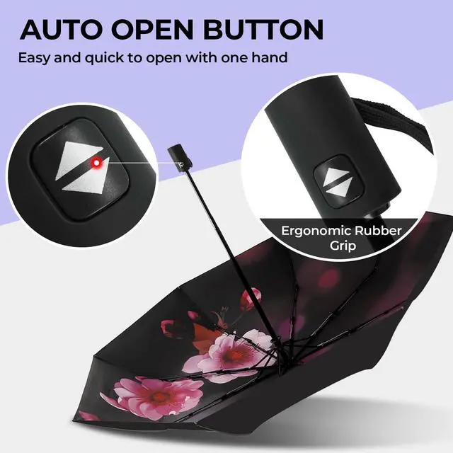 Alt view image 4 of 7 - Compact Travel Umbrella, 44" Canopy, Automatic Open/Close Windproof Umbrella, 210T Pongee, 8-Rib Fiberglass, Travel Size Mini, Portable Rain/Sun Umbrellas UPF 50+ with Cover